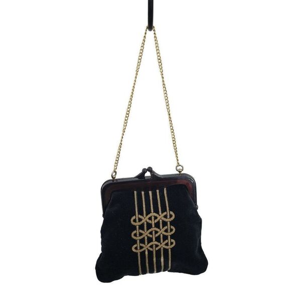 1940's Evening Bag Velvet Art Deco Mid Modern Century Asian Framed Kiss Black - Picture 1 of 13